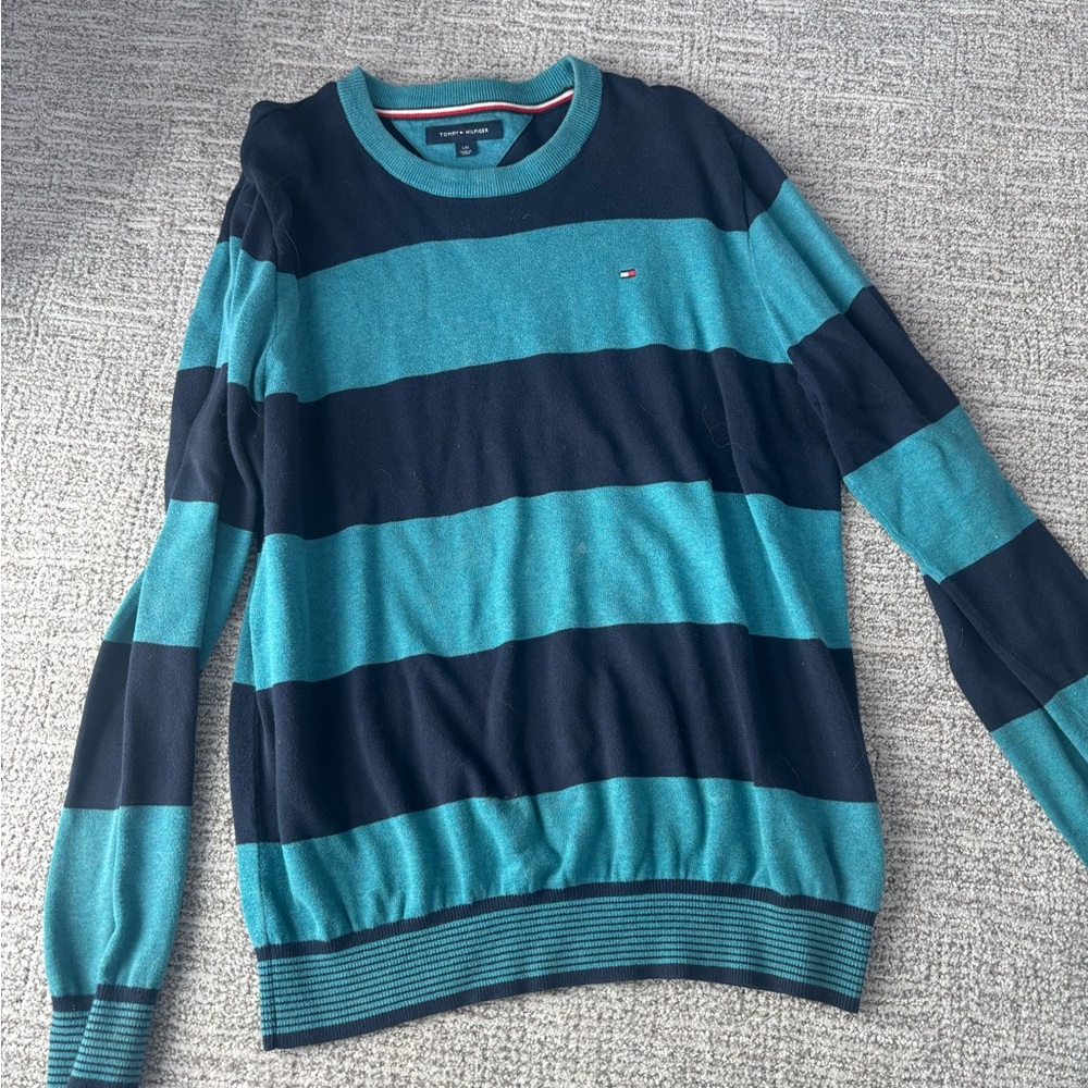 Tommy Hilfiger Men's Teal and Navy Striped Crewneck Sweater